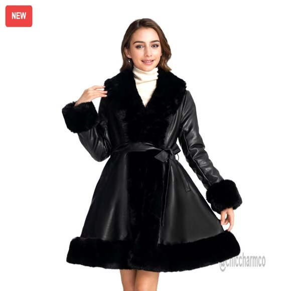 Faux Fur Leather Collar Jacket with Belt and Pockets Winter Coat